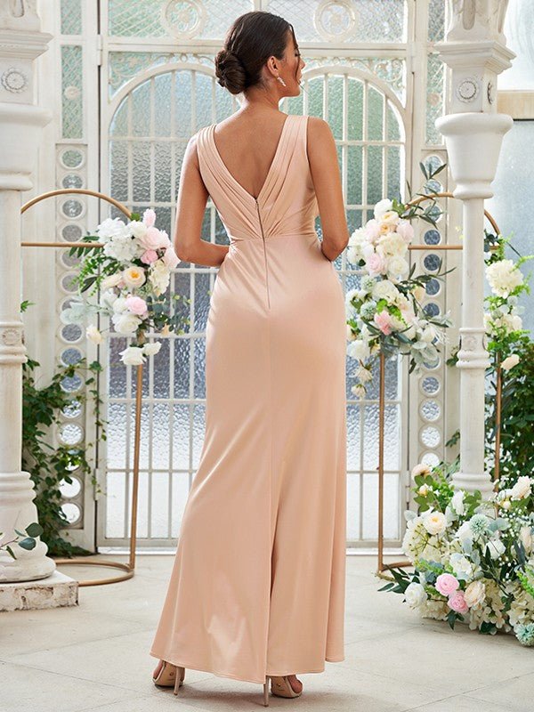 Sheath/Column Jersey Ruched V-neck Sleeveless Floor-Length Bridesmaid Dresses