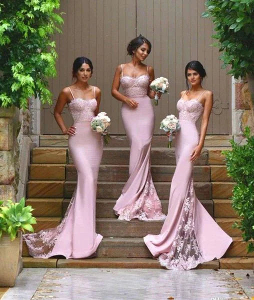 Spaghetti Straps Mermaid Pink Lace Prom Dresses, Lace Formal Dresses, Pink Bridesmaid Dresses