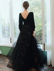 A-Line Bridesmaid Dress Jewel Neck Long Sleeve Elegant Floor Length Tulle / Velvet with Sequin / Bandage
