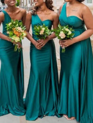 Mermaid / Trumpet Bridesmaid Dress One Shoulder Sleeveless Elegant Sweep / Brush Train Spandex with Draping / Solid Color