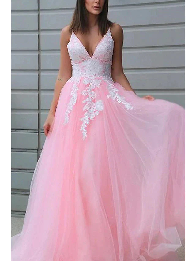 A-Line Prom Dresses Princess Dress Formal Floor Length Sleeveless V Neck Tulle with Pleats Appliques