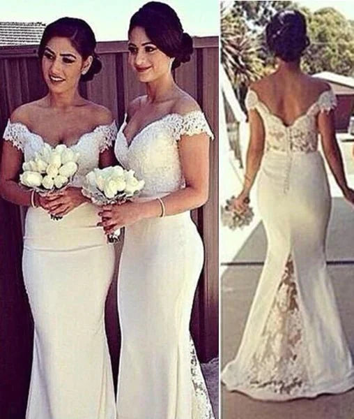 White Mermaid Off Shoulder Lace Long Prom Dresses, Lace Formal Dresses, White Bridesmaid Dresses