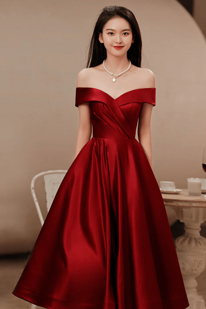Wine Red Satin Tea Length Bridesmaid Dress Party Dress, Burgundy Satin Homecoming Dress