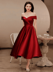 Wine Red Satin Tea Length Bridesmaid Dress Party Dress, Burgundy Satin Homecoming Dress