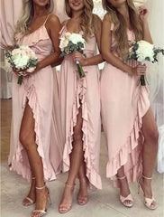 A-Line Bridesmaid Dress Spaghetti Strap Long Sleeve Sexy Asymmetrical Spandex with Ruffles