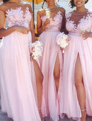 A-Line Bridesmaid Dress Jewel Neck Sleeveless Elegant Floor Length Chiffon / Lace with Appliques / Split Front