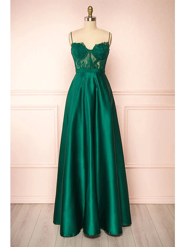 A-Line Prom Dresses See Through Dress Formal Floor Length Sleeveless Sweetheart Satin Backless with Appliques