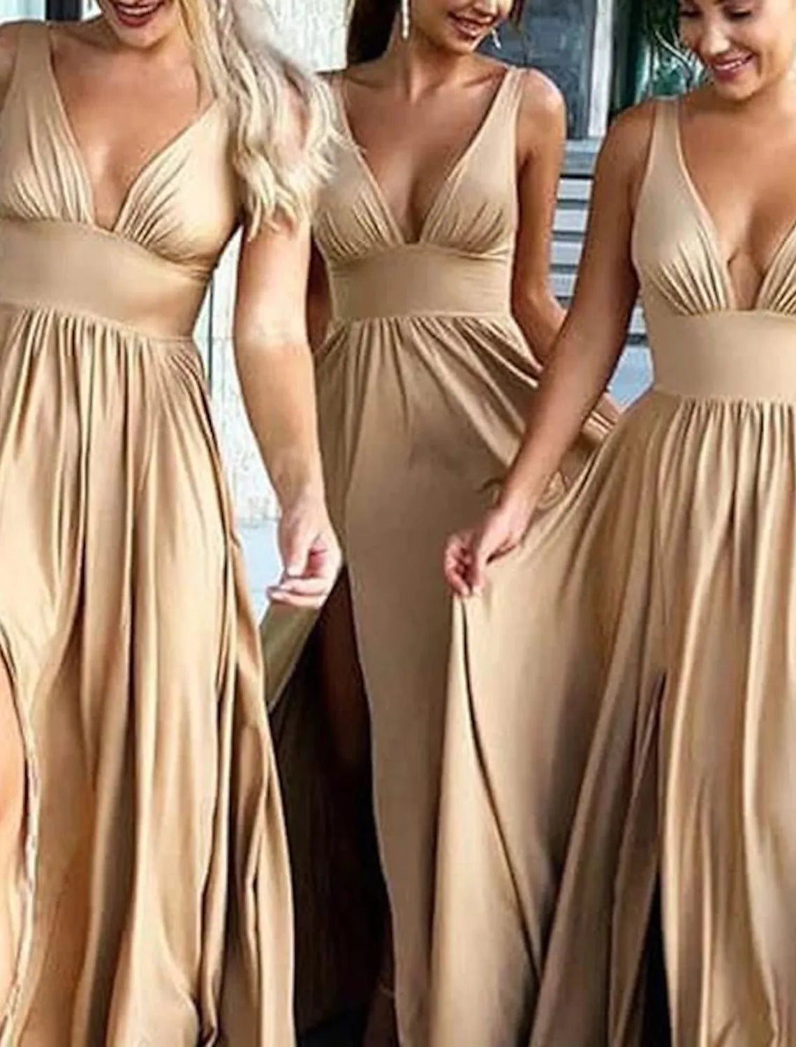 A-Line Bridesmaid Dress V Neck Sleeveless Sexy Sweep / Brush Train Spandex with Ruffles / Split Front