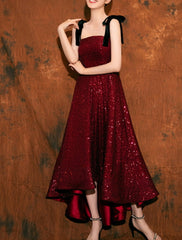 A-Line Bridesmaid Dress Spaghetti Strap / Strapless Sleeveless Elegant Asymmetrical / Ankle Length Sequined with Pleats